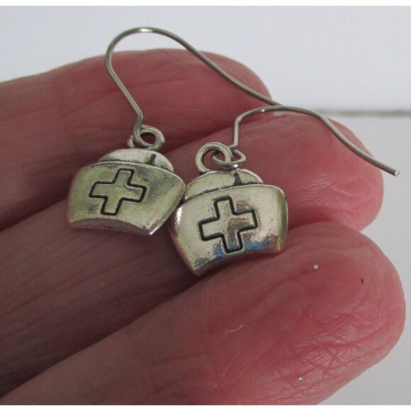 New Nurse Cap Dangle Pierced Earrings With Cross Design on Stainless Hooks - Picture 2 of 5